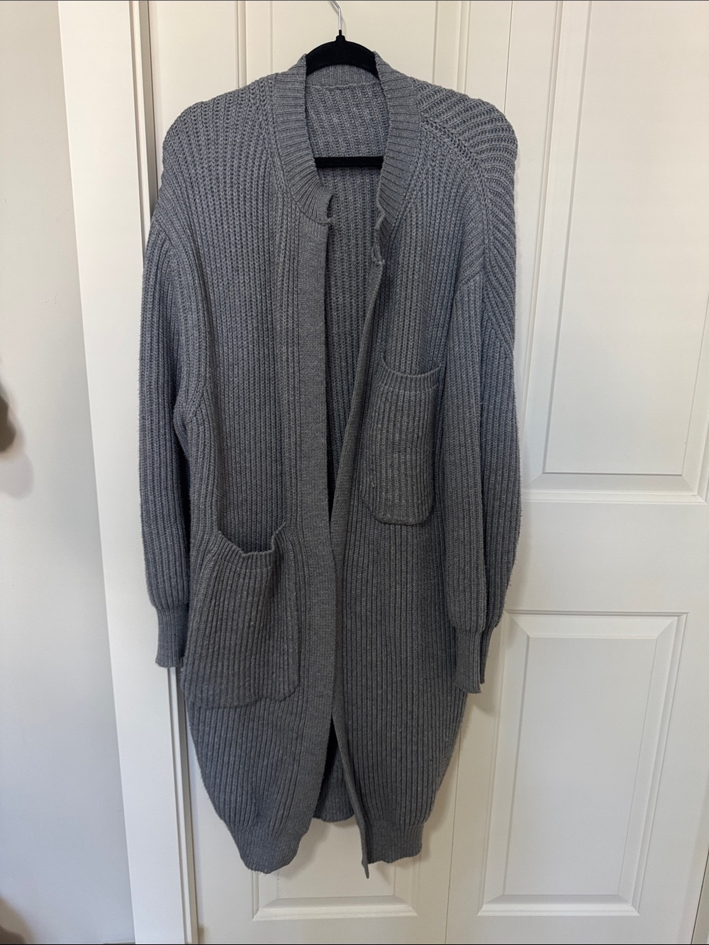 Gray Open-Front Ribbed Long Cardigan Sweater